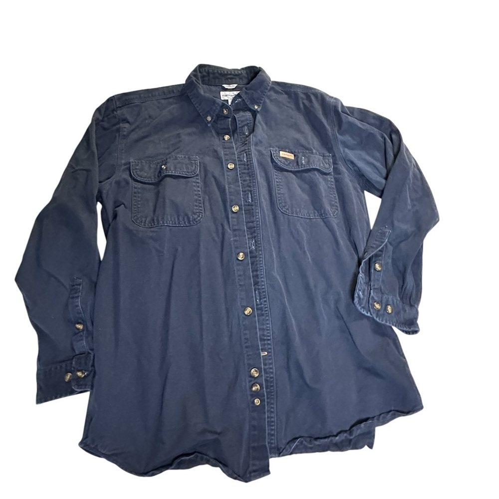 Carhartt Mens Heavyweight Cotton Sz L Button Down Work Shirt Navy 100% cotton